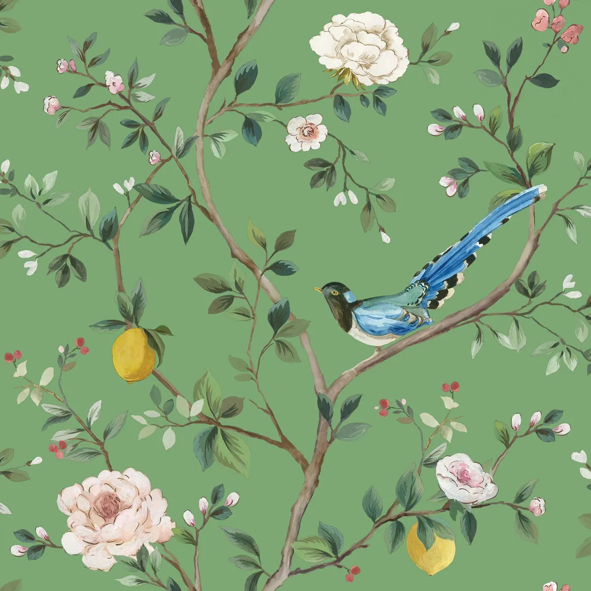 Bluebirds And retailer Peonies, A Green Chinoiserie Canvas Wrap